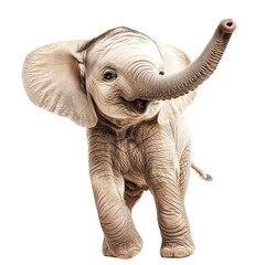 Obraz premium Happy Baby Elephant Joyfully Walks Forward In Front of a Transparent PNG Background Isolated While Waving Its Trunk