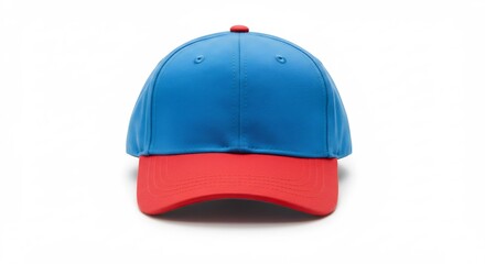 Brightly colored blue and red baseball cap sharply displayed against pure white background. AI Generated