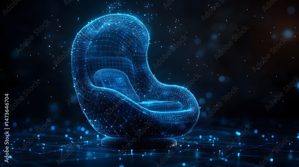 Aufkleber futuristic lounge chair rendered as a blue wireframe. set against a dark backdrop with glowing dots,