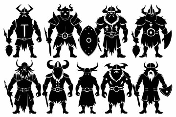 black Set of vector black silhouettes of Viking icon isolated on a white background
