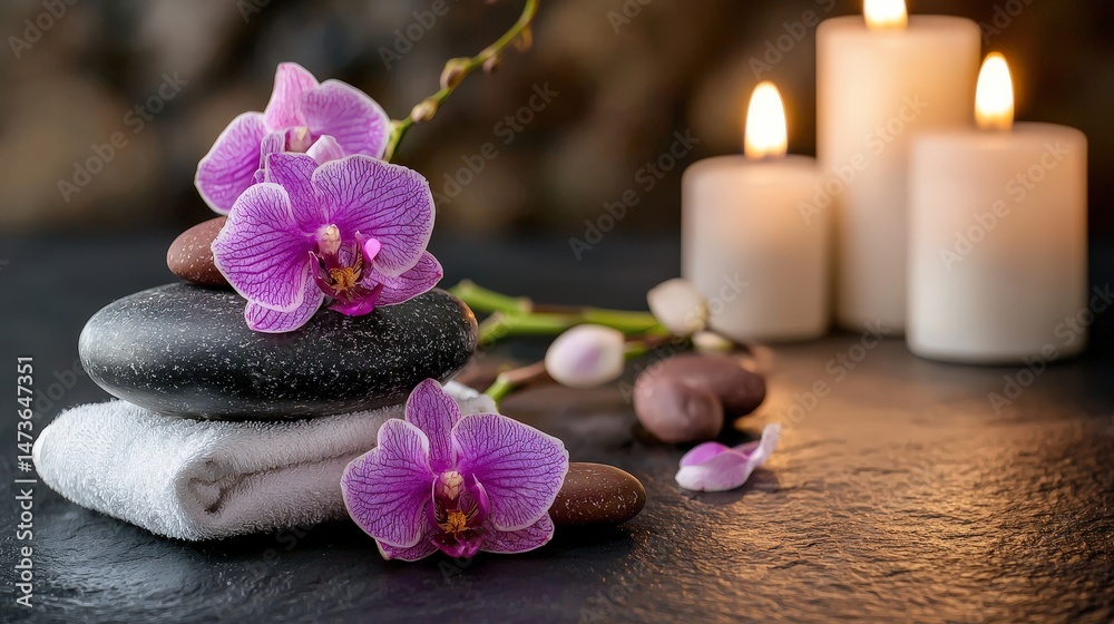 Poster relaxing spa setting with stones and orchids indoor space still life tranquil atmosphere