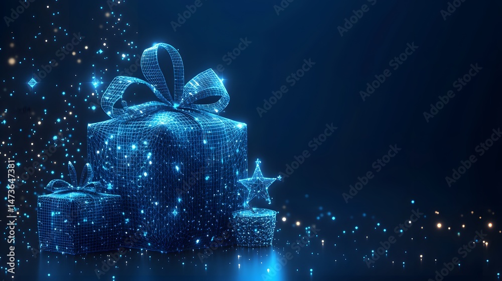 Poster Festive digital gifts glow against a dark blue backdrop, bokeh lights adding depth. Wireframe cubes and a cylinder with star suggest celebration. Abstract wireframe in dark blue.