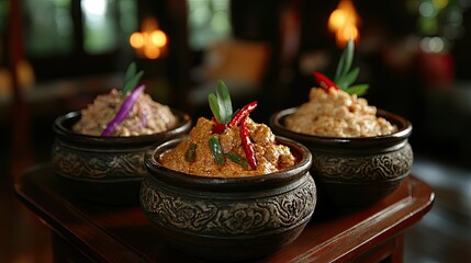 Fototapeta premium Assorted Thai curry pastes in traditional clay bowls