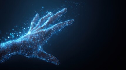 A human hand reaching towards an intricate network of blue lines symbolizing connection exploration and the digital age of communication and technology
