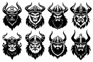 black Set of vector black silhouettes of Viking icon isolated on a white background
