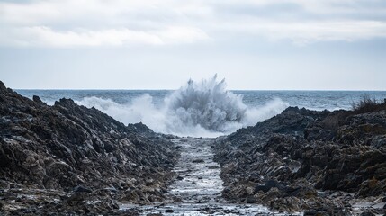 Waves crashing against rocky shoreline coastal area nature scene dramatic atmosphere wide angle power of nature