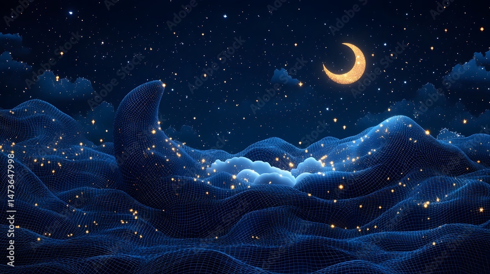Poster night scene featuring a crescent moon and starry sky above a blue grid landscape with scattered ligh