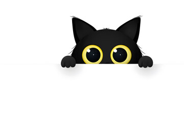Fototapeta premium A cute cartoon black cat with big eyes peeking over the edge of a white surface isolated on white background