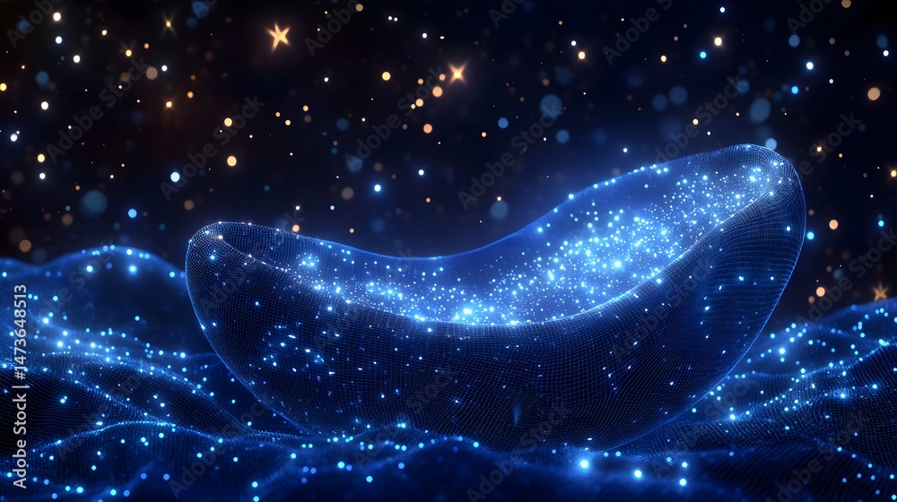 Poster Futuristic digital landscape featuring glowing blue grid structures, scattered light particles, and bokeh. Ethereal and captivating, ideal for tech backgrounds. Abstract wireframe in dark blue.