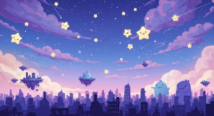 Pastel Cityscape with Floating Islands and Cute Stars