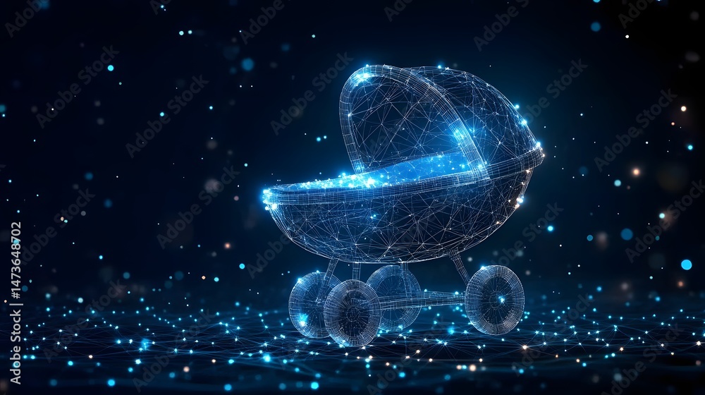 Poster futuristic baby carriage rendered with blue wireframe against a dark blue backdrop filled with glowi