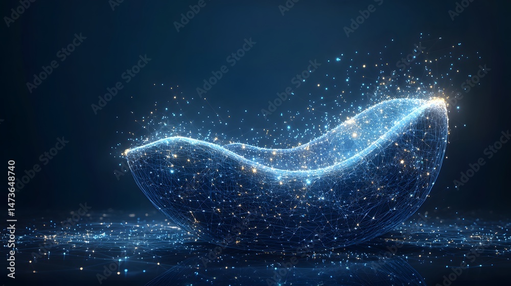Fototapete Futuristic abstract bowl structure emits glowing lines and lights on a reflective surface. Digital art in blue and gold, radiating energy and depth. Captivating visual. Abstract wireframe in dark blue