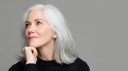 Portrait of mature woman with silver hair and a thoughtful expression
