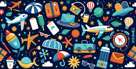 Fototapeta premium Horizontal seamless pattern with travel doodles