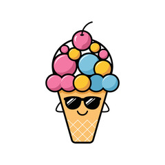 Cool Ice Cream Cone with Colorful Scoops and Sunglasses