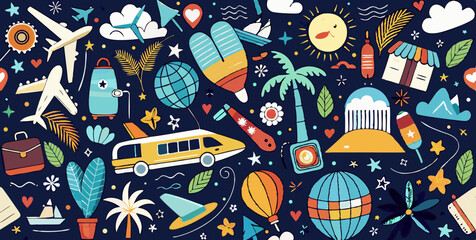 Horizontal seamless pattern with travel doodles