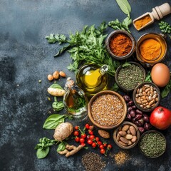 Assorted culinary ingredients arranged on a dark surface. Diverse array of spices, grains, herbs, and fruits
