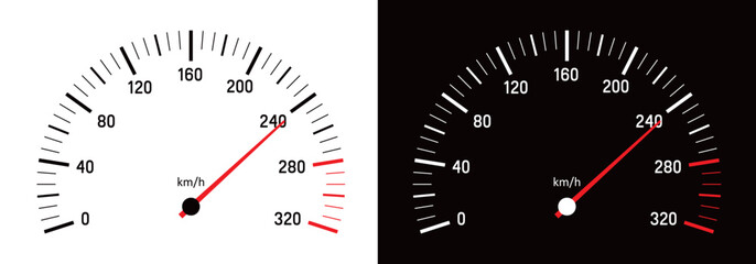 Car speedometer. Auto dashboard with gauge of speed, tachometer, odometer. Icons isolated on transparent background. Panel of meter of fuel, engine rpm and temperature. Sport car.