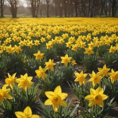Sunlit field of vibrant yellow daffodils in full bloom , nature photography, vibrant, floral