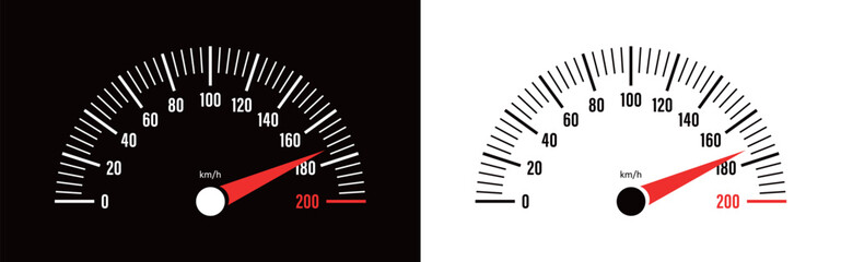 Car speedometer. Auto dashboard with gauge of speed, tachometer, odometer. Icons isolated on transparent background. Panel of meter of fuel, engine rpm and temperature. Sport car.