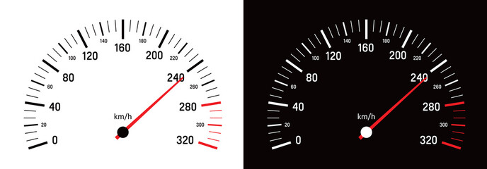 Car speedometer. Auto dashboard with gauge of speed, tachometer, odometer. Icons isolated on transparent background. Panel of meter of fuel, engine rpm and temperature. Sport car.