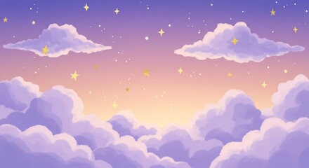 Fototapeta premium Pastel Sunset Sky With Fluffy Clouds and Golden Stars