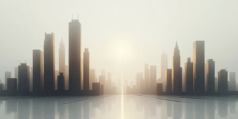 Fototapeta premium Minimalist Cityscape A light gray background with abstract, geometric skyscraper shapes in black and gold. The lighting is soft