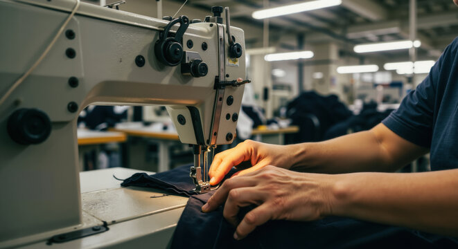 Hands guiding dark fabric through industrial sewing machine in clothing factory. Textile manufacturing process for garment production supporting fashion industry and consumer goods sectors