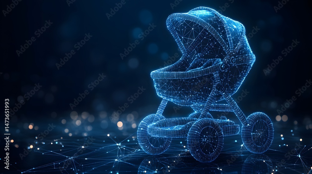 Aufkleber futuristic baby stroller concept. neon-blue wireframe design on abstract surface with bokeh lights. 