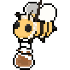 Pixel cartoon bee with honey jar.