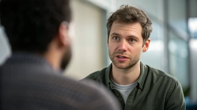 Natural language concept. A man attentively listens to another person during a serious conversation in an indoor setting.