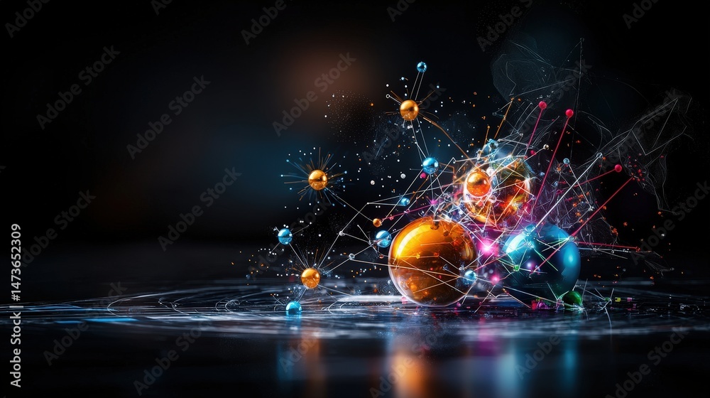 Poster Dynamic molecular interaction visualization digital art abstract dark background close-up science concept