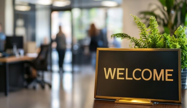 welcome sign on a desk symbolizes a friendly onboarding process in a modern office.	
