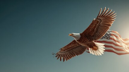 Fototapeta premium Soaring Eagle with American Flag: A majestic bald eagle takes flight, its powerful wings spread wide against a backdrop of the fluttering American flag, evoking feelings of freedom and national pride.
