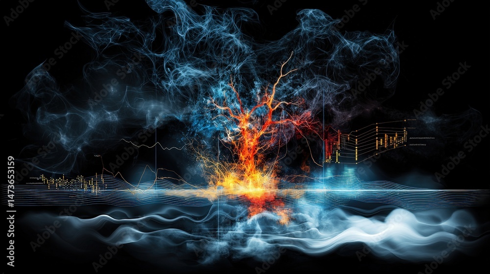 Leinwandbilder dynamic surreal tree of flames and smoke abstract art digital creation dark environment multicolor i