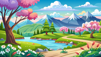 vector of Spring landscape background in realistic style