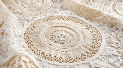 Intricate Lace Fabric with Circular Design for Crafting and Decor Projects in Soft Cream Color