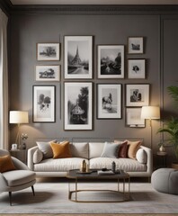 Chic living room, statement gallery wall, mixed frame styles, sizes, room