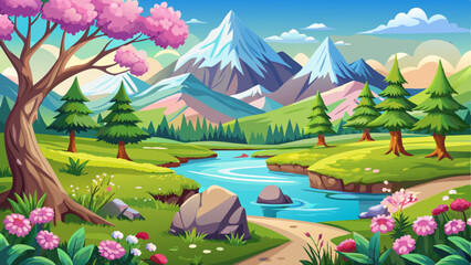 vector of Spring landscape background in realistic style