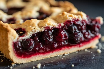 A delicious berry pie with a golden-brown crust, showcasing a rich filling of mixed berries.