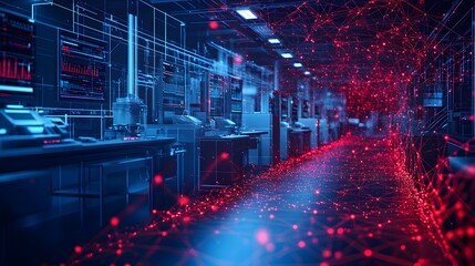 Futuristic laboratory scene featuring advanced workstations, graphical data on monitors, and a vibrant red network overlay. Modern technology at its finest. Abstract wireframe in dark blue