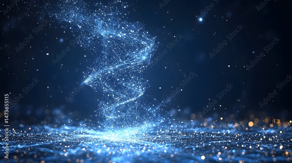 Fototapete A mesmerizing network of glowing blue nodes and lines intricately connected, emerging from a field of radiant particles. Captivating visual concept. Abstract wireframe in dark blue.