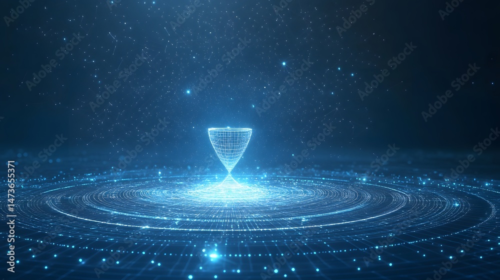 Aufkleber futuristic digital art features an abstract wireframe hourglass over concentric circles, set against