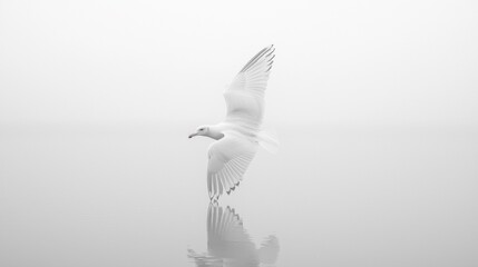 Fototapeta premium Seagull gliding gracefully over a calm, foggy water surface in early morning light