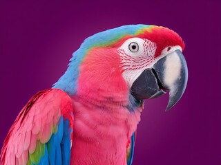 Fototapeta premium Vibrant macaw parrot showcasing stunning colors against a purple background.