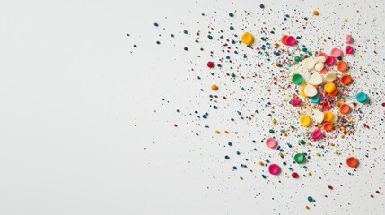 Fototapeta premium Flat lay of colorful confetti scattered on a white background. the confetti is in various shapes and sizes, including circles, squares, and rectangles.