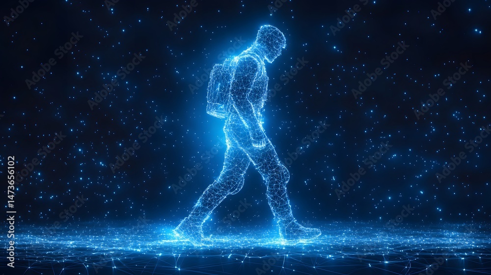 Poster futuristic digital walker strides across a glowing landscape. interconnected lines form a wireframe 