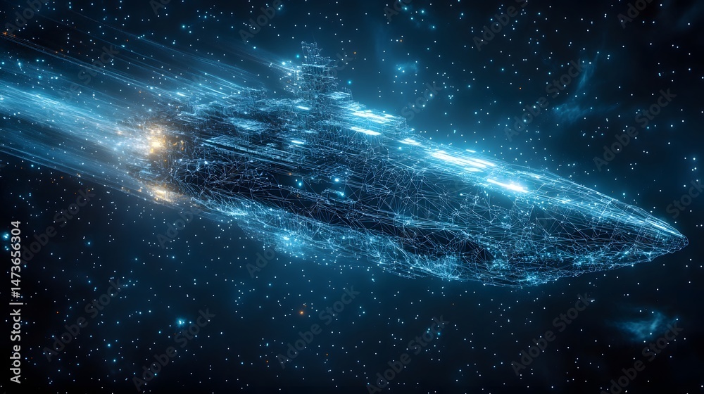 Aufkleber futuristic spaceship soaring through the cosmos, depicted in a striking wireframe style. glowing blu