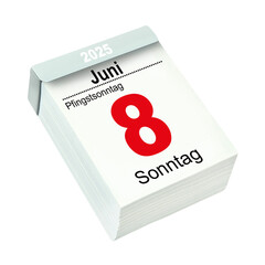 Kalender Pfingsten 8. Juni  2025 Pfingstsonntag Hintergrund weiss