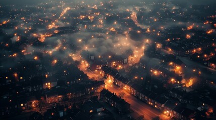 Obraz premium Fog envelops a city at night illuminated by warm streetlights and homes in a cozy urban neighborhood